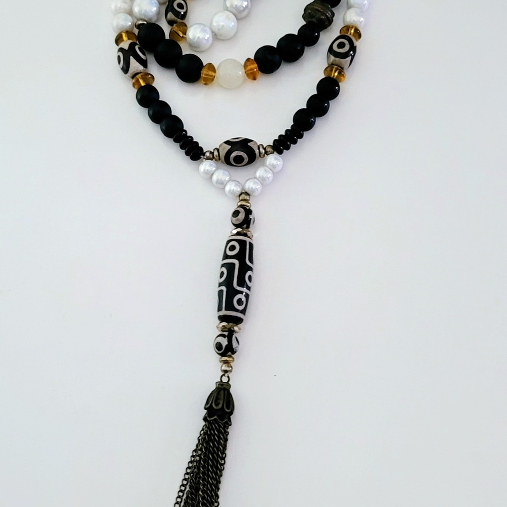 Artisan Black  and White Beaded Necklace with  Metal Tassel